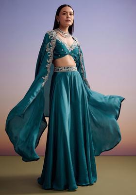 Green Embroidered Handwork Fusion Set
