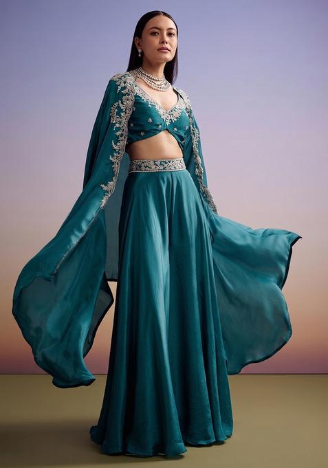 Green Embroidered Handwork Fusion Set