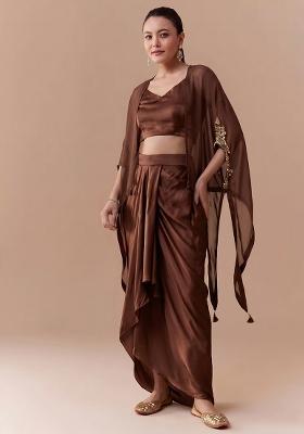 Mocha Brown Embroidered Handwork Fusion Set