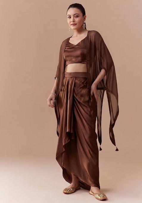 Mocha Brown Embroidered Handwork Fusion Set