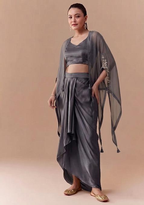 Charcoal Grey Embroidered Handwork Fusion Set