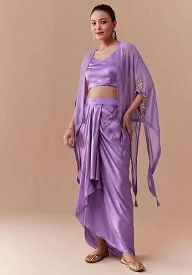 Lavender Purple Embroidered Handwork Fusion Set