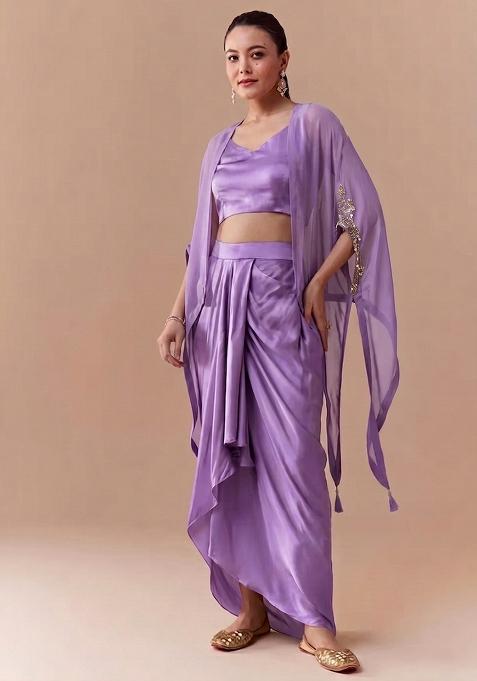 Lavender Purple Embroidered Handwork Fusion Set