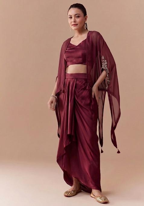 Wine Maroon Embroidered Handwork Fusion Set