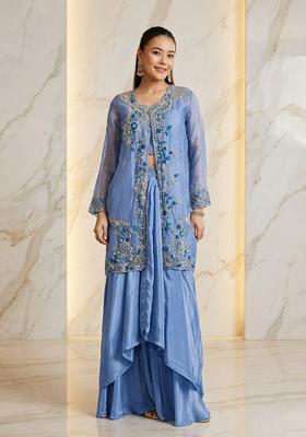 Periwinkle Blue Embroidered Handwork Fusion Set