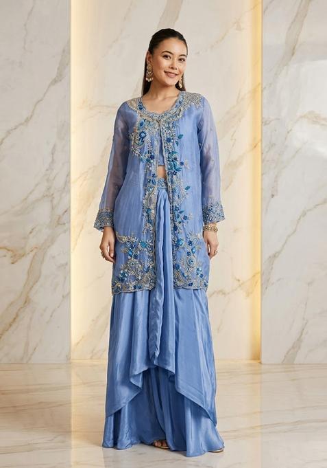 Periwinkle Blue Embroidered Handwork Fusion Set