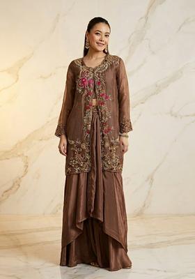 Taupe Brown Embroidered Handwork Fusion Set