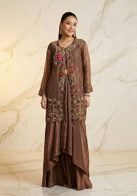 Taupe Brown Embroidered Handwork Fusion Set