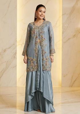Steel Blue Grey Embroidered Handwork Fusion Set