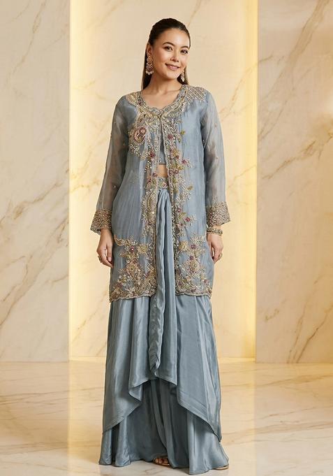 Steel Blue Grey Embroidered Handwork Fusion Set