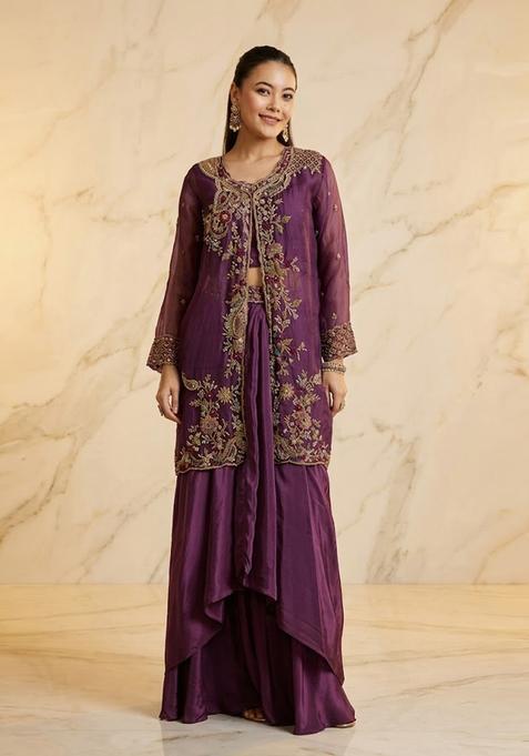 Plum Purple Embroidered Handwork Fusion Set