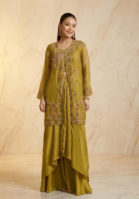 Olive Yellow Embroidered Handwork Fusion Set