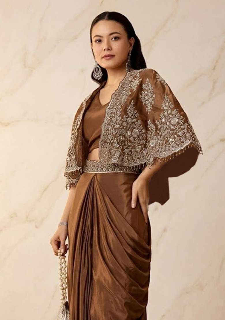 Copper Brown Embroidered Handwork Pre Draped Saree Set - Indya