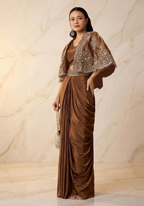 Copper Brown Embroidered Handwork Pre Draped Saree Set