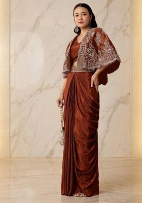 Burnt Orange Embroidered Handwork Pre Draped Saree Set
