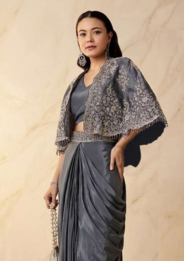 Gunmetal Grey Embroidered Handwork Pre Draped Saree Set - Indya