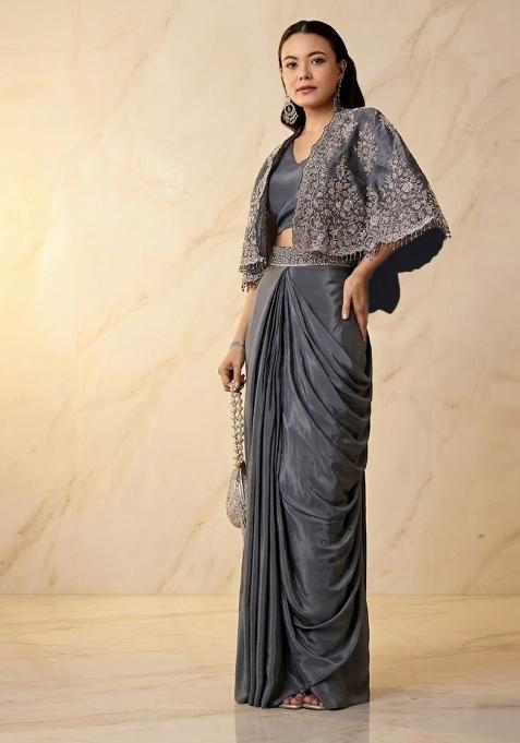 Gunmetal Grey Embroidered Handwork Pre Draped Saree Set