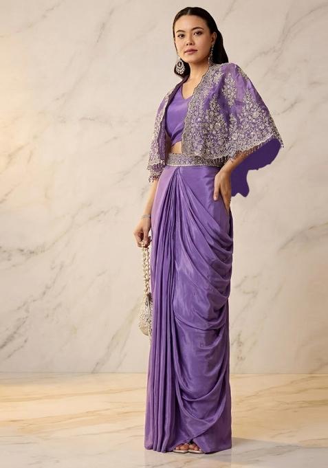 Violet Purple Embroidered Handwork Pre Draped Saree Set