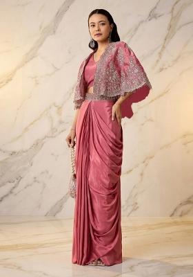 Rose Pink Embroidered Handwork Pre Draped Saree Set
