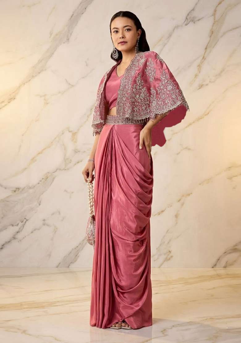 Rose Pink Embroidered Handwork Pre Draped Saree Set - Indya