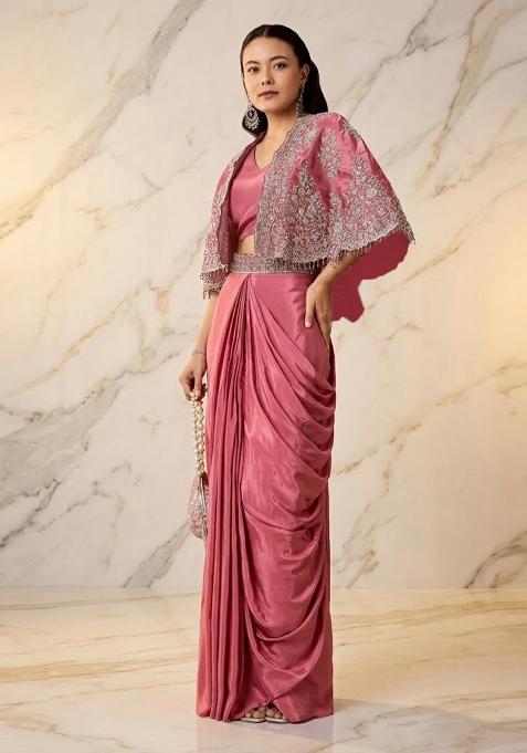 Rose Pink Embroidered Handwork Pre Draped Saree Set