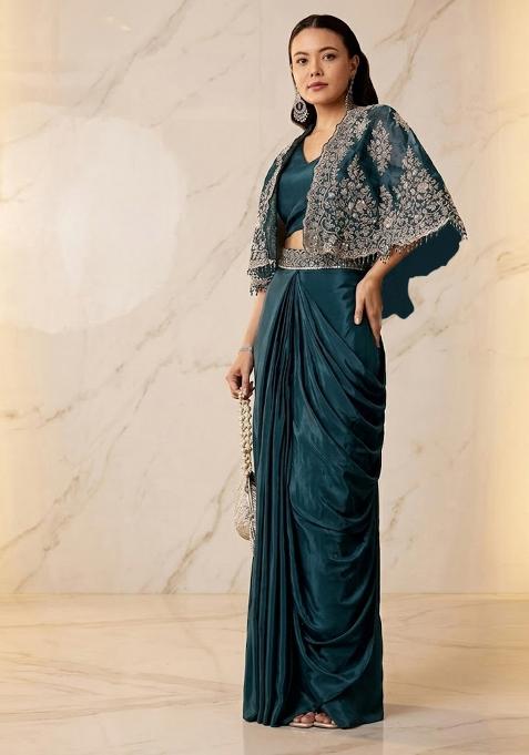 Deep Teal Embroidered Handwork Pre Draped Saree Set