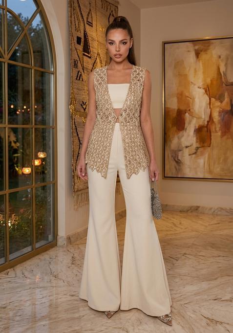 Cream White Self Design Net Fusion Set