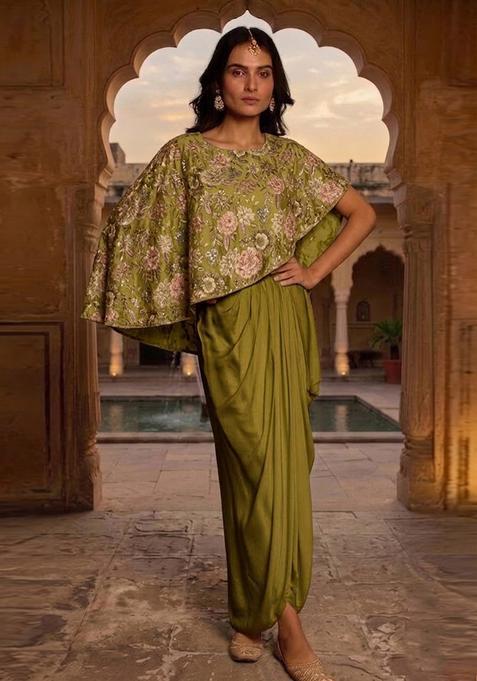 Olive Green Printed Chinon Fusion Set