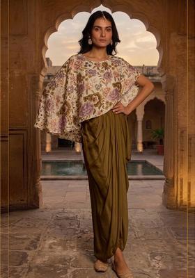 Olive Green Printed Chinon Fusion Set