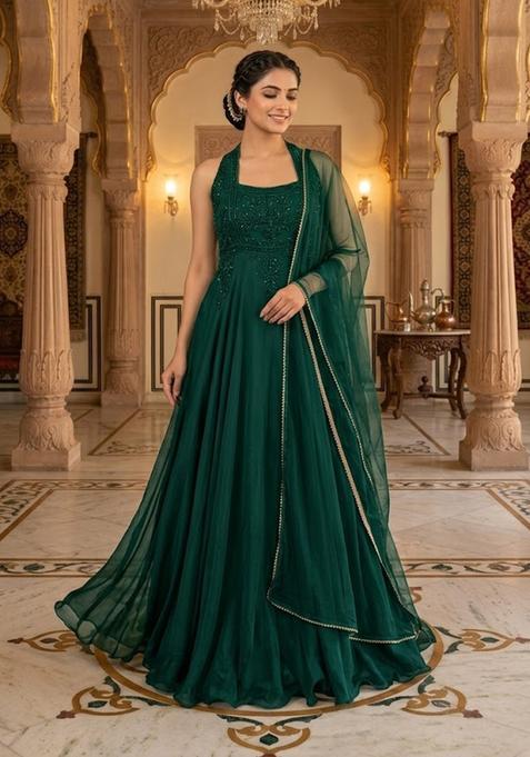 Green Embroidered Anarkali with Dupatta