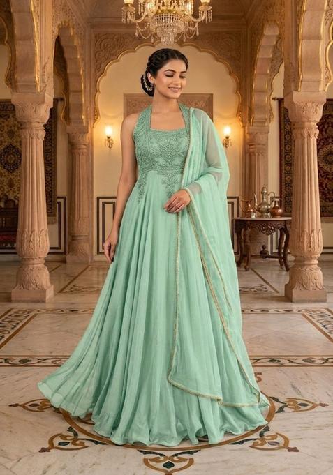 Pastel Green Embroidered Anarkali with Dupatta