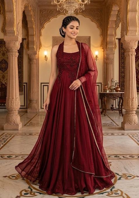 Maroon Embroidered Anarkali with Dupatta