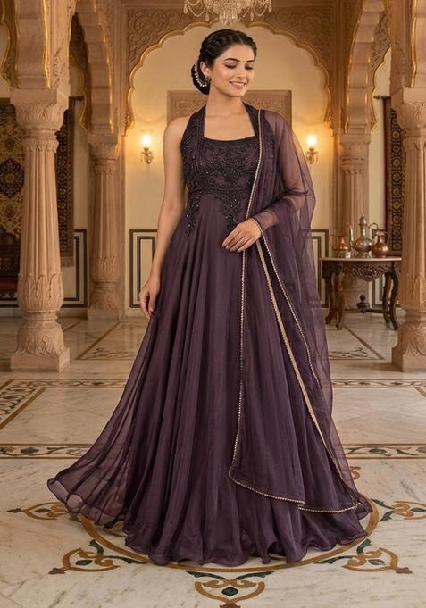 Violet Embroidered Anarkali with Dupatta