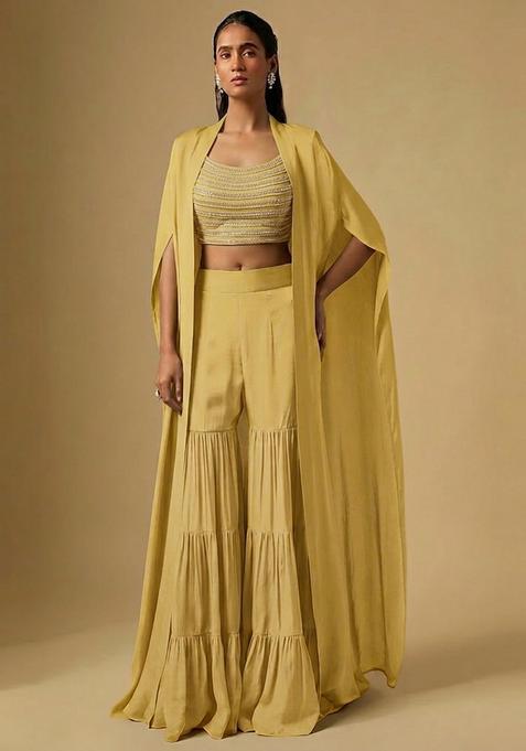 Pastel Yellow Sequin Silk Fusion Set