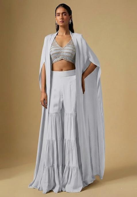 Pastel Blue Sequin Silk Fusion Set