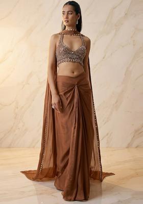 Brown Embroidered Handwork Fusion Set