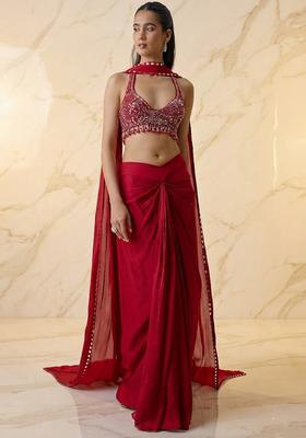 Cherry Red Embroidered Handwork Fusion Set