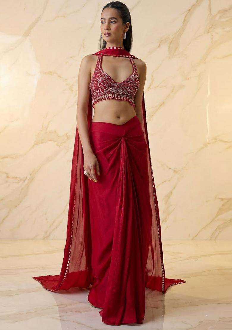 Cherry Red Embroidered Handwork Fusion Set - Indya