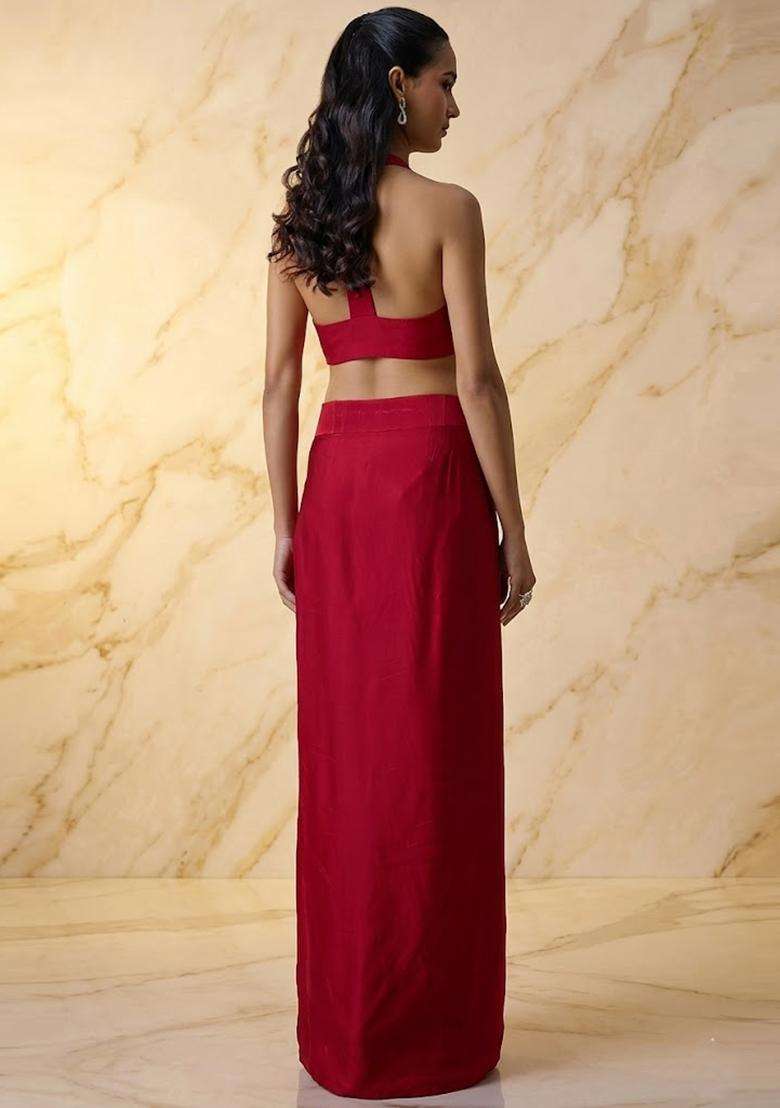 Cherry Red Embroidered Handwork Fusion Set - Indya