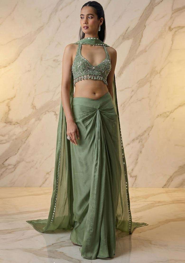 Sage Green Embroidered Handwork Fusion Set - Indya
