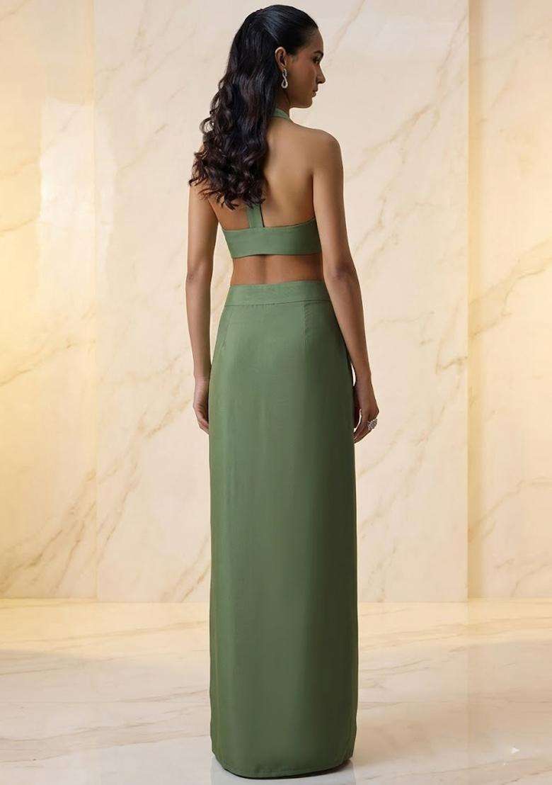 Sage Green Embroidered Handwork Fusion Set - Indya