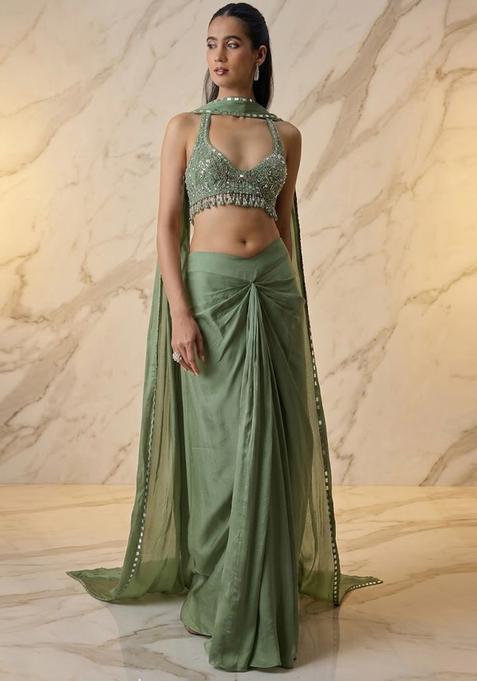 Sage Green Embroidered Handwork Fusion Set