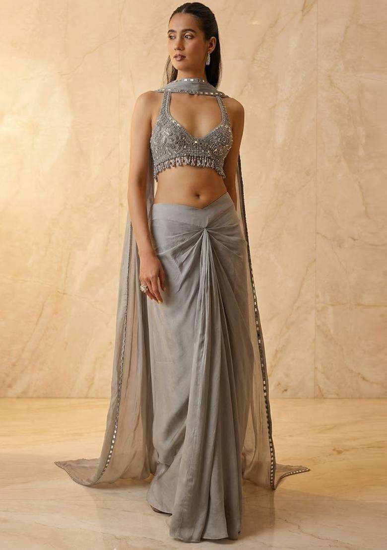 Grey Embroidered Handwork Fusion Set - Indya