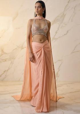 Peach Embroidered Handwork Fusion Set