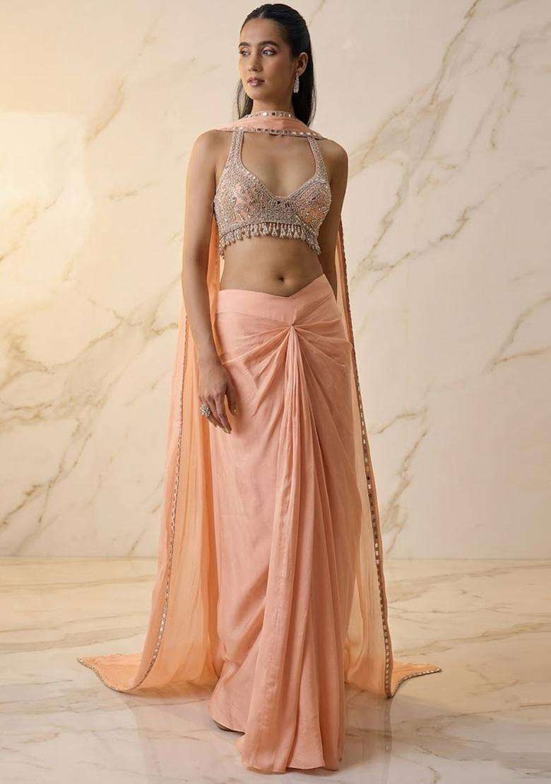 Peach Embroidered Handwork Fusion Set - Indya