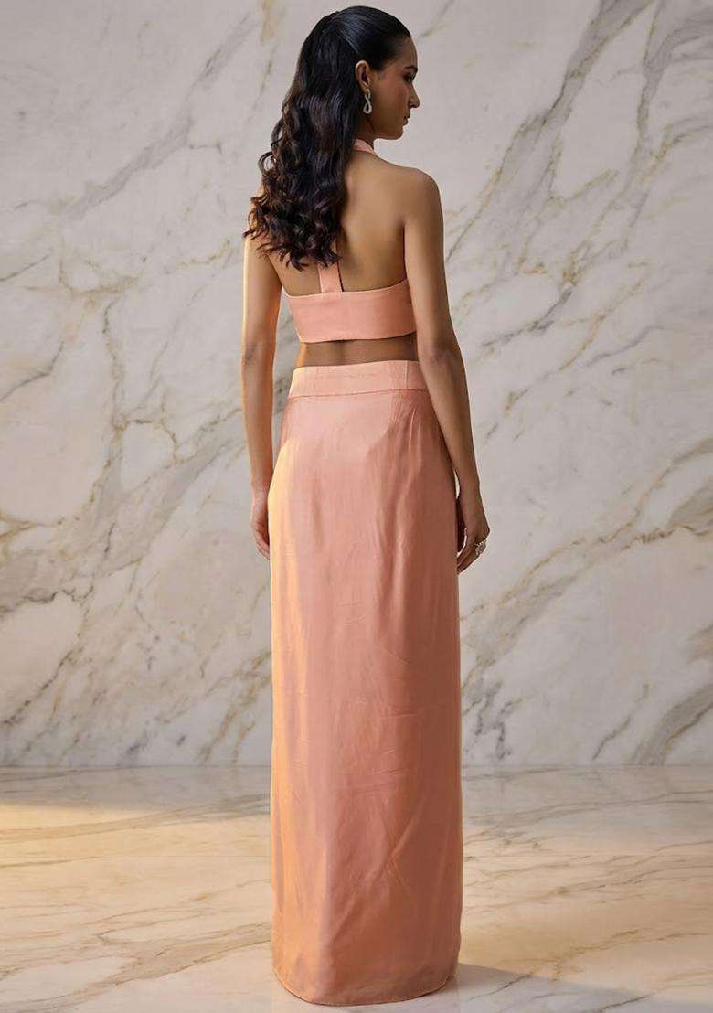Peach Embroidered Handwork Fusion Set - Indya