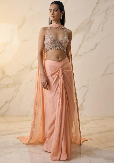 Peach Embroidered Handwork Fusion Set
