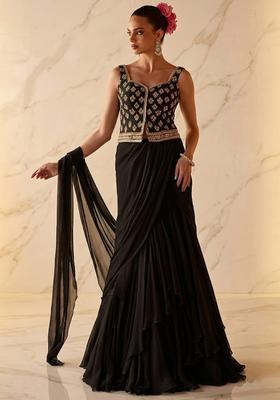 Black Embroidered Handwork Pre Draped Saree Set