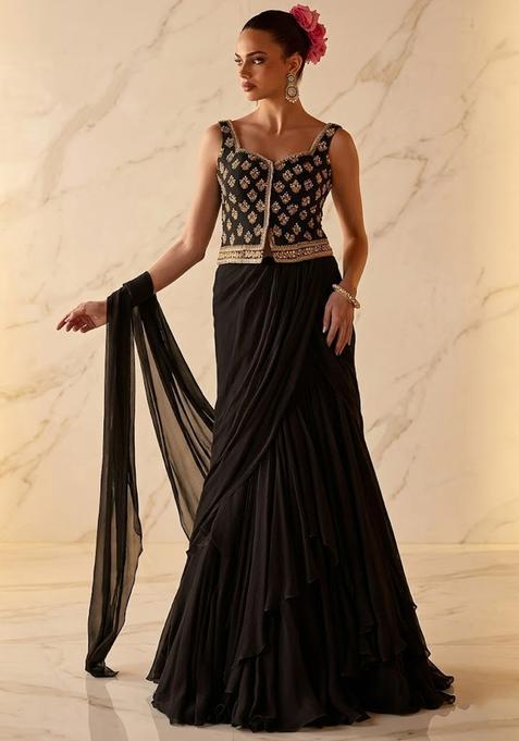 Black Embroidered Handwork Pre Draped Saree Set