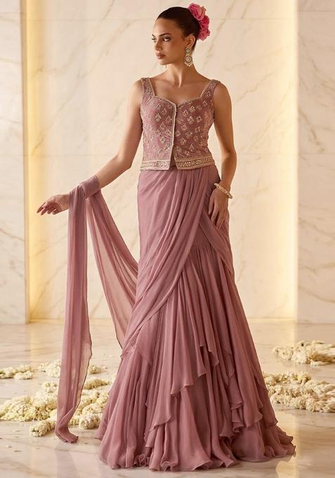 Mauve Embroidered Handwork Pre Draped Saree Set